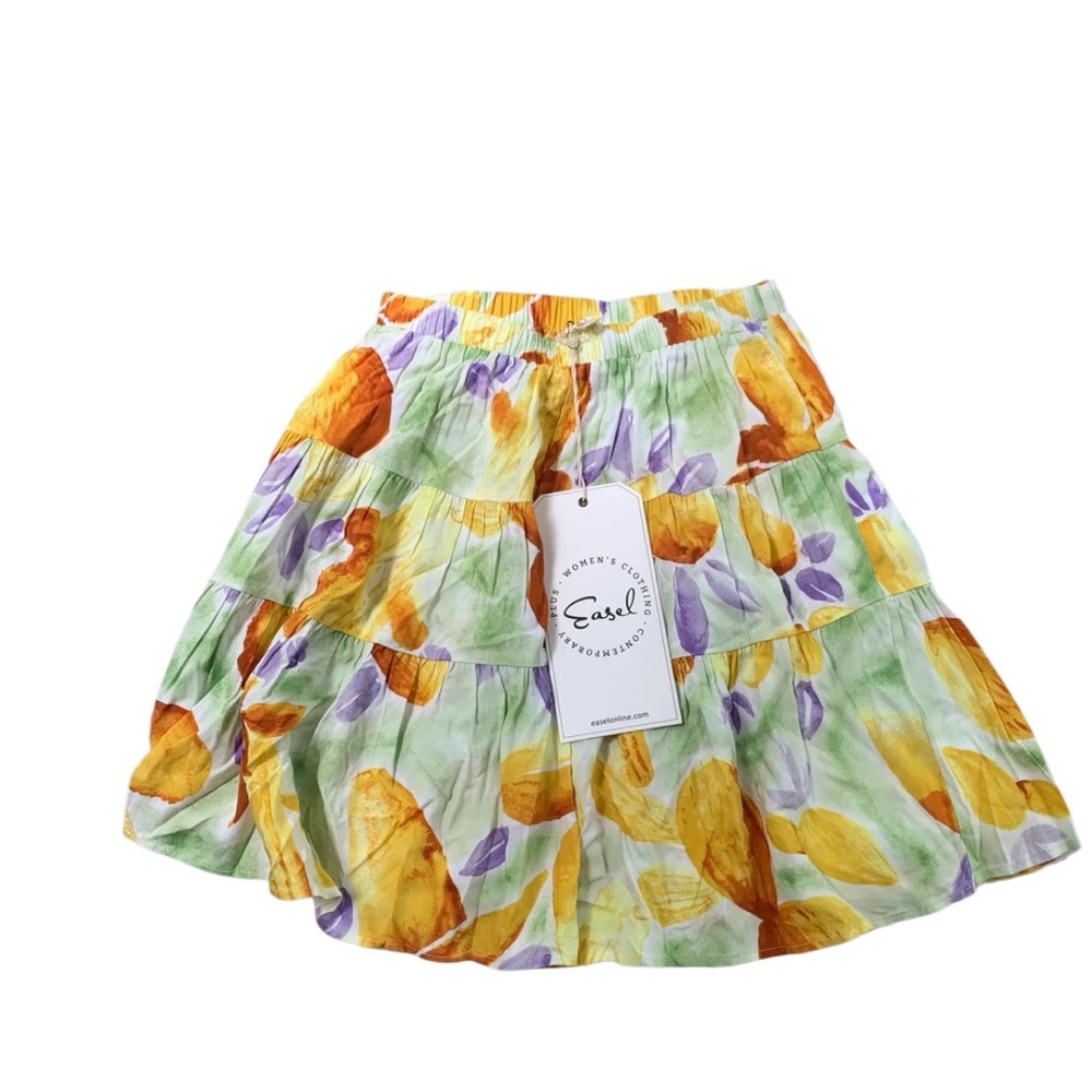 E2 Floral Tiered Mini Skirt in Yellow & Green